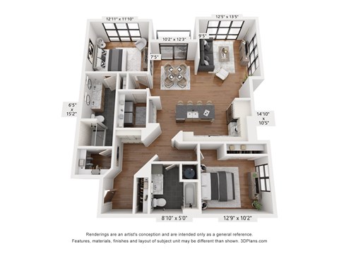 Floor plan for 2 beds, 2 baths, 1312 sqft